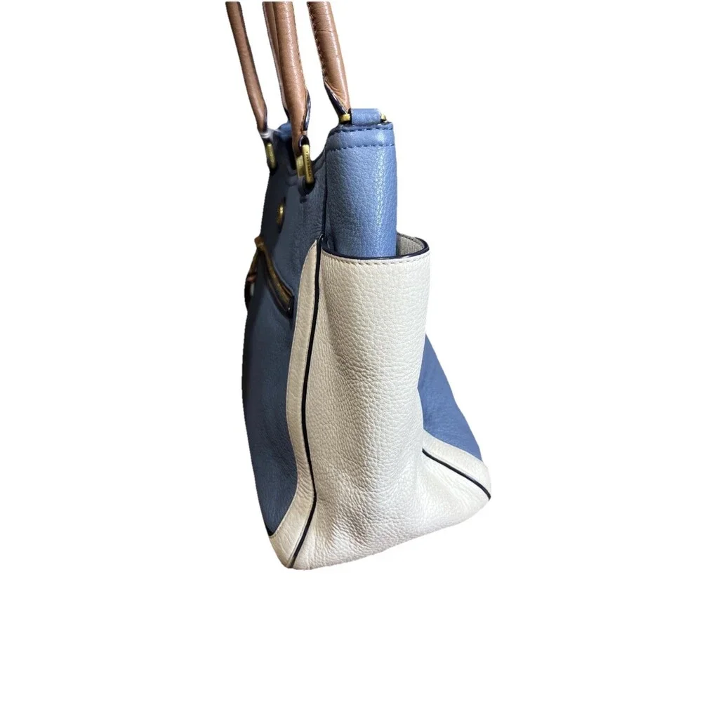 Tory Burch Frances Colorblock Satchel Pebbled Leather Handbag Comet Blue/White